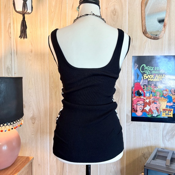 Vintage Bebe Women's Small Black and White Polka Dot Silky Ruched Tank Top 2000s - Picture 5 of 8